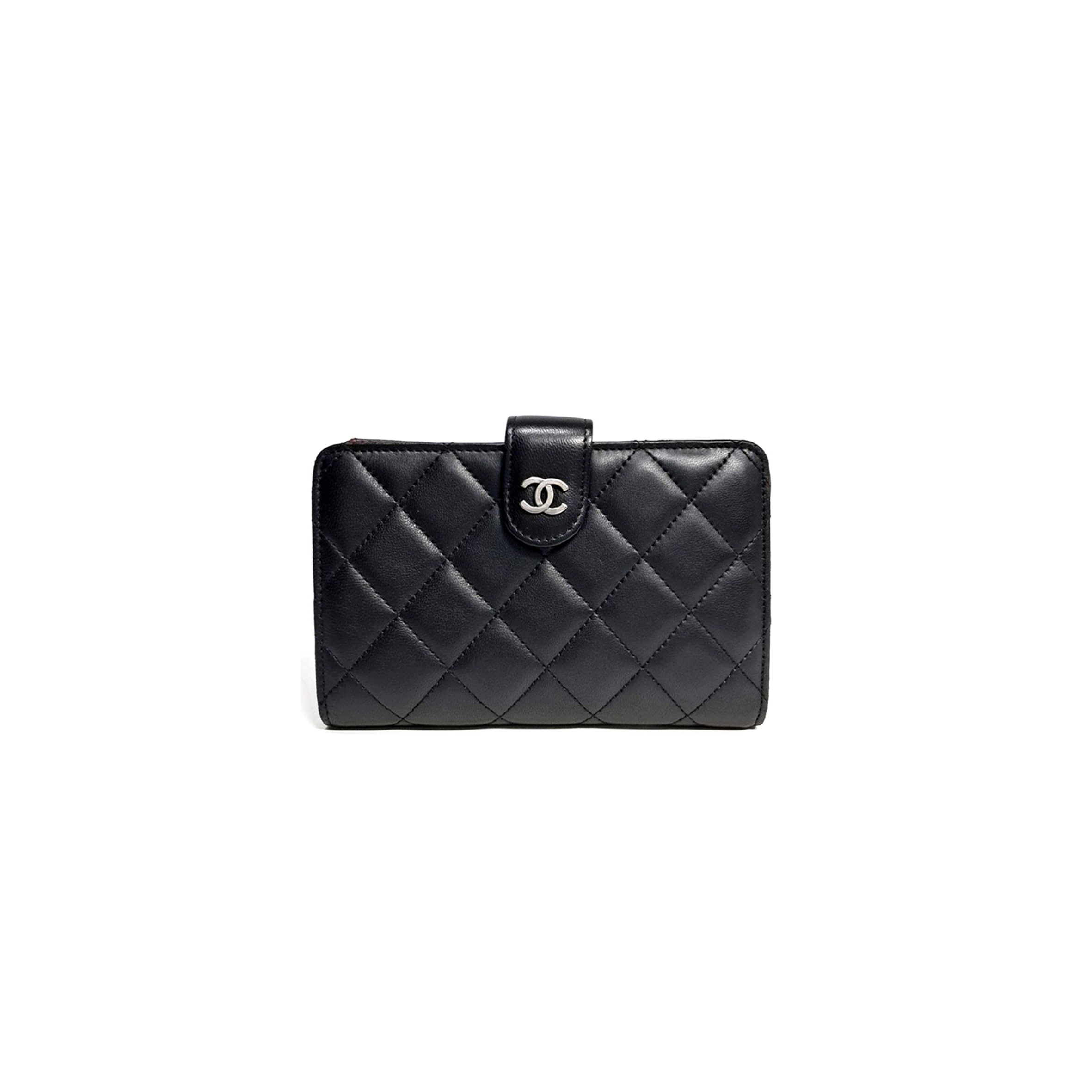 CHANEL BLACK QUILTED LAMBSKIN LEATHER L-ZIP COMPACT FRENCH PURSE WALLET A48667 (15*10*2.5cm)